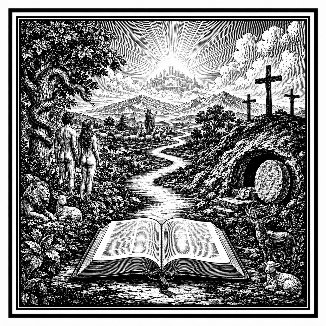 The Biblical Story in Six Acts — Basic Teachings An open Bible with scenes of creation, God’s promises, Christ’s cross and empty tomb, and new creation.