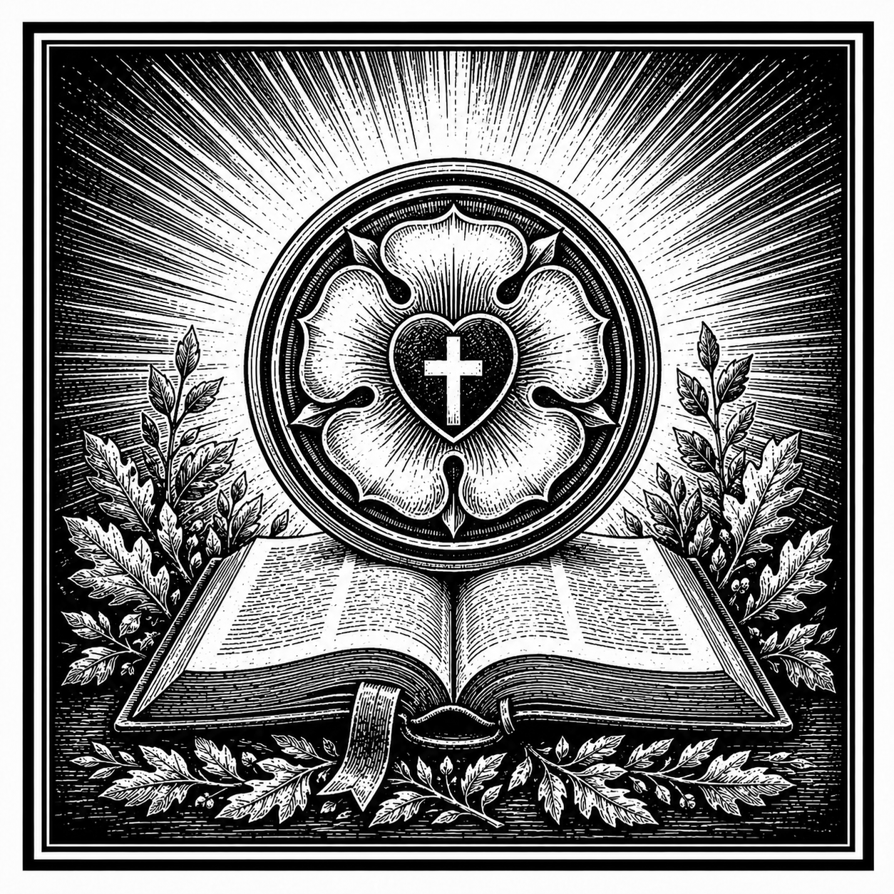 Luther’s rose above an open Bible, from the Small Catechism section of the book.