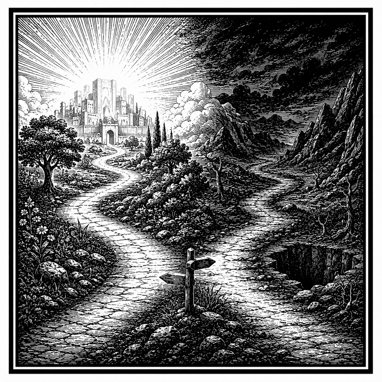 Two paths diverge toward light and darkness, illustrating the way of life and the way of death.