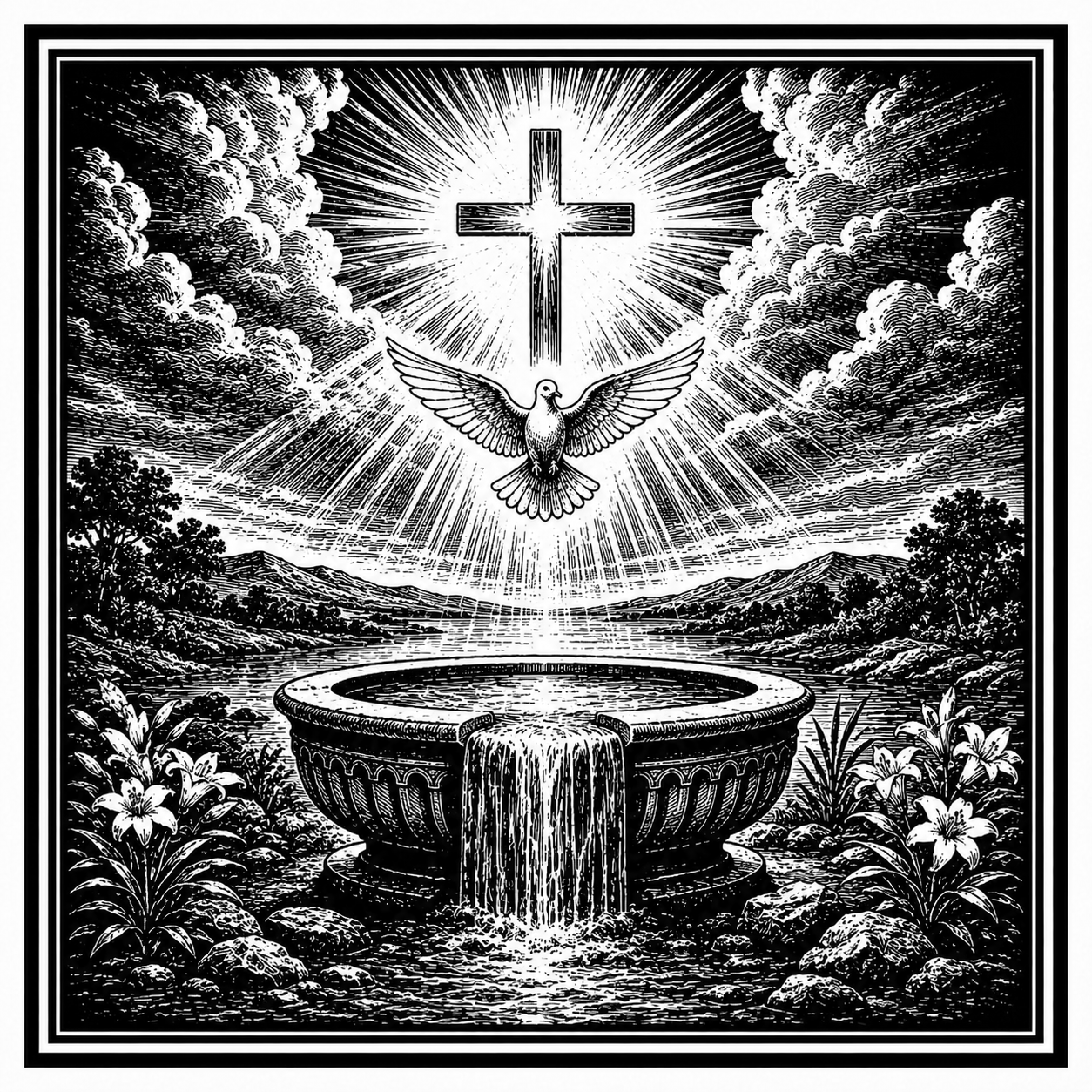 A baptismal font beneath a cross and dove, artwork for the Apostles’ Creed.
