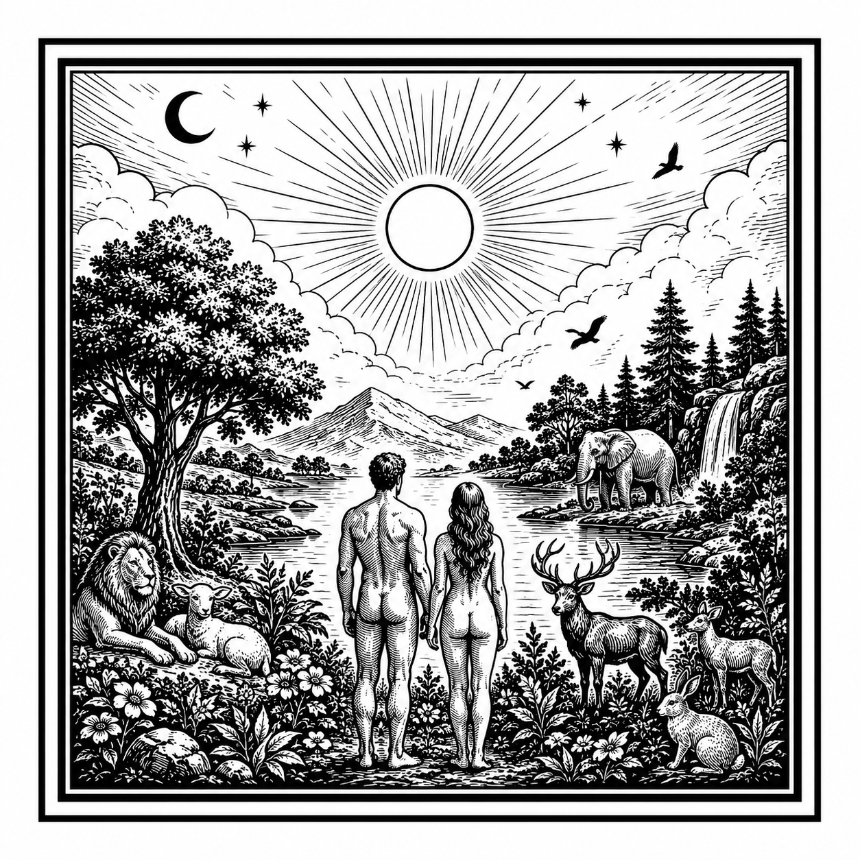 The Biblical Story in Six Acts — Basic Teachings Adam and Eve among animals and trees in God’s good creation.
