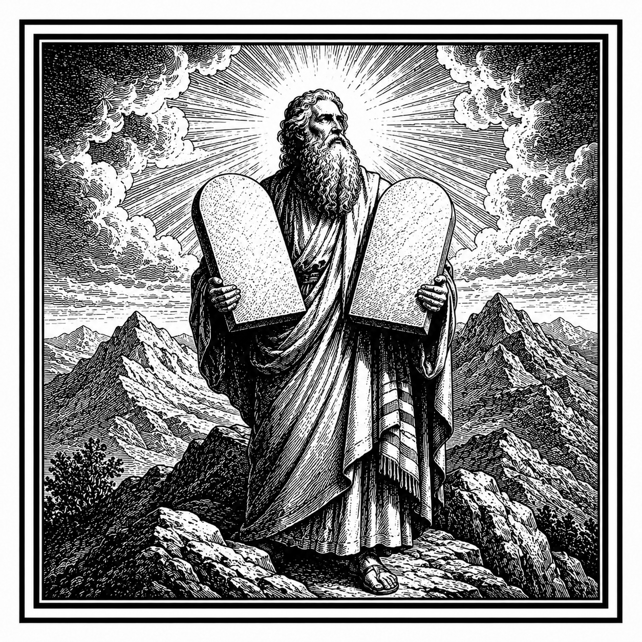 Moses holding the tablets of the Ten Commandments.