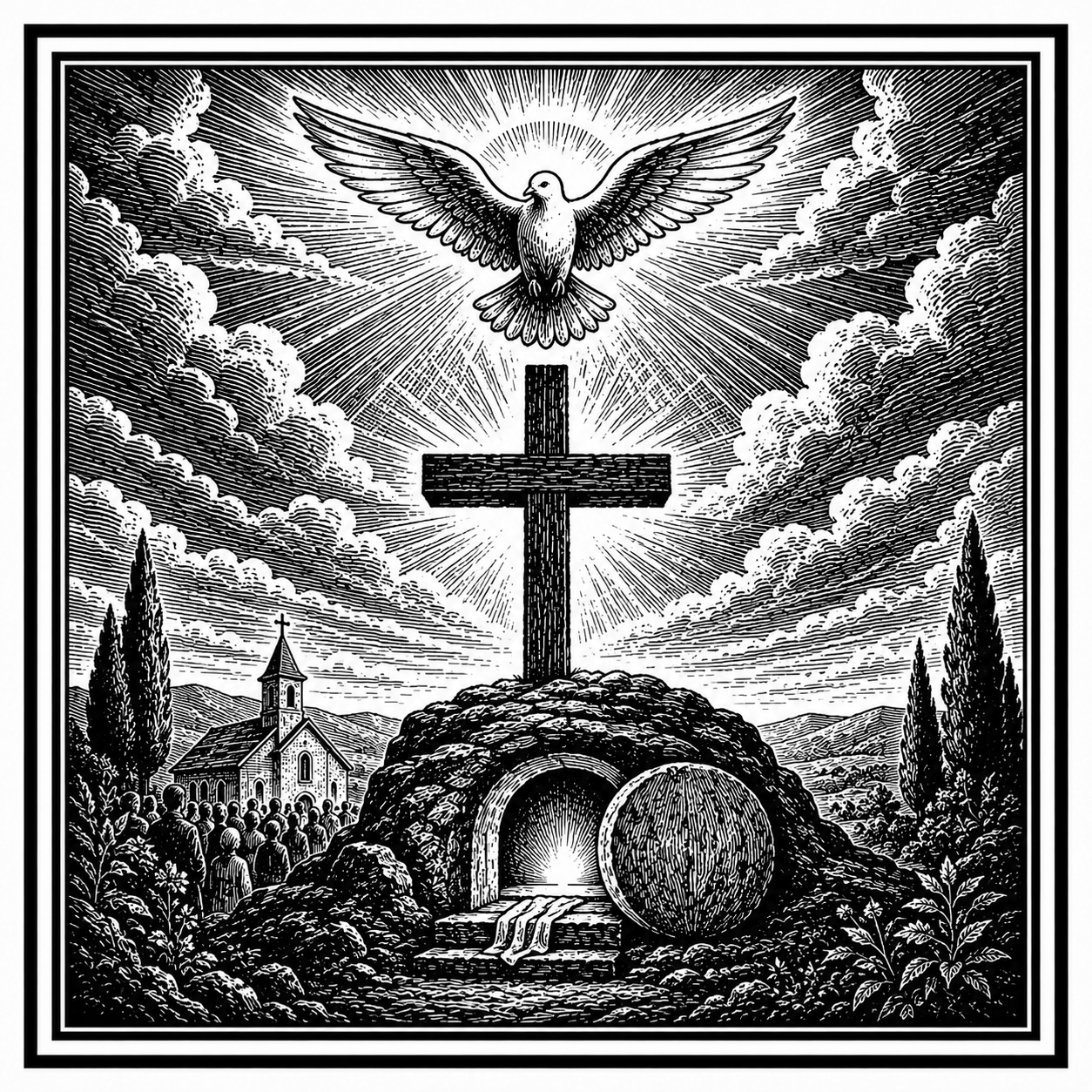 The cross, empty tomb, and dove representing the Christian faith confessed in the Creed.