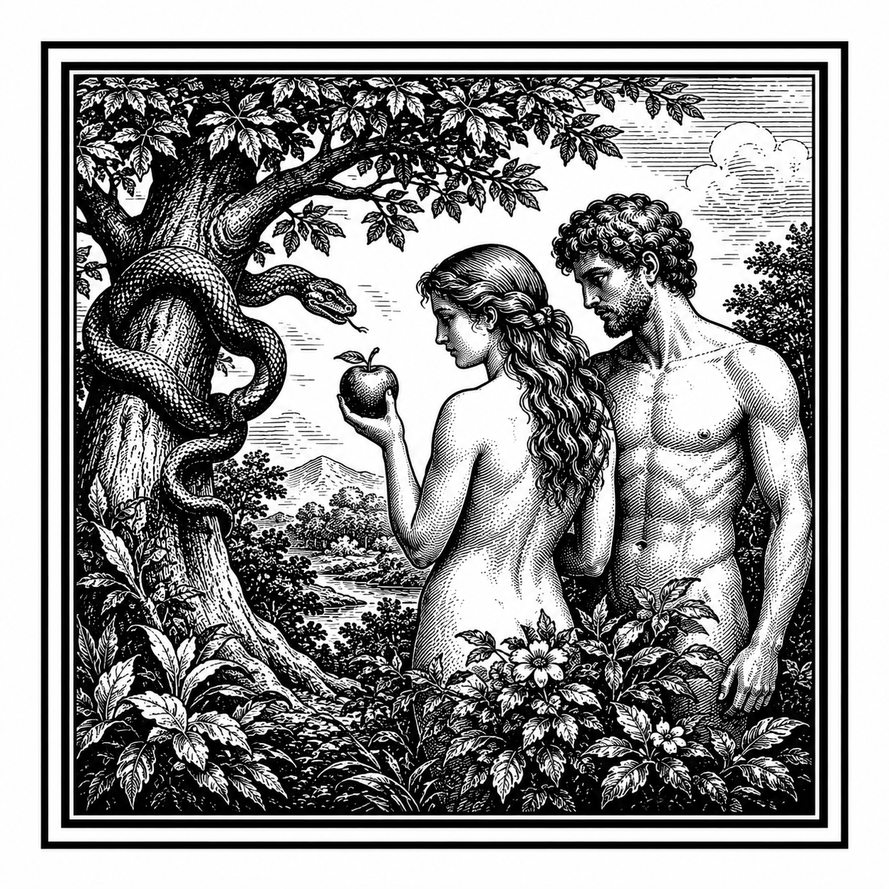The Biblical Story in Six Acts — Basic Teachings Adam and Eve beside the serpent and the forbidden fruit.