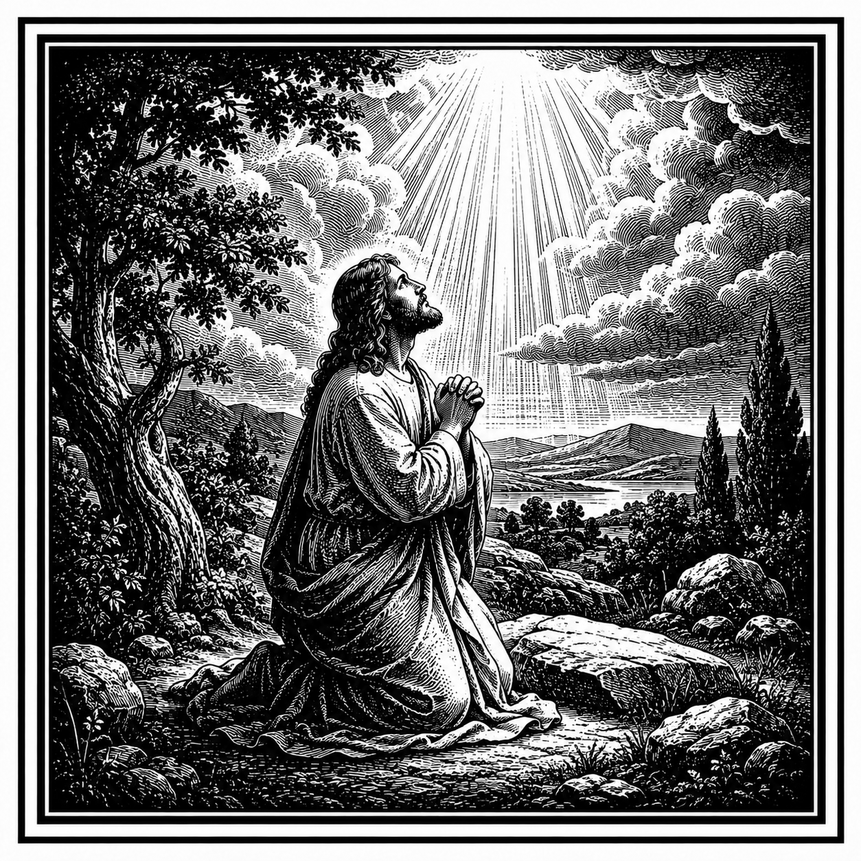 Jesus kneeling in prayer.