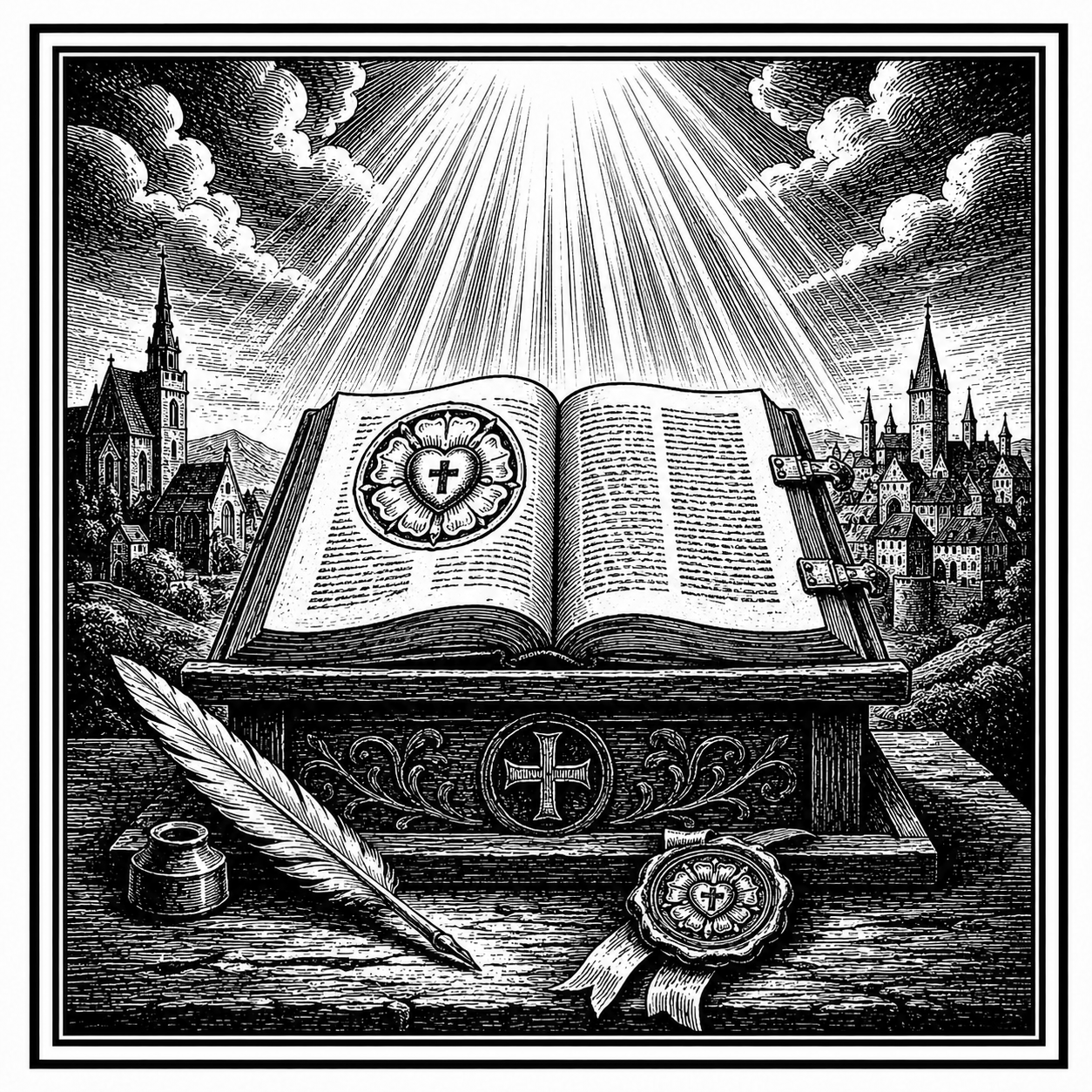 An open Bible above a book with a cross, with a quill and seal, artwork for the Book of Concord.