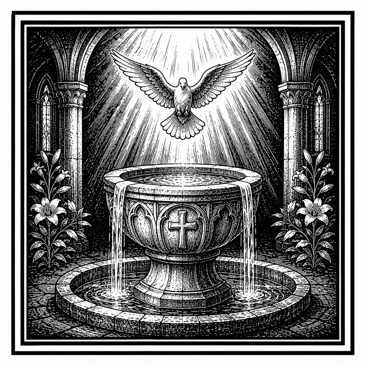 A baptismal font beneath a descending dove.