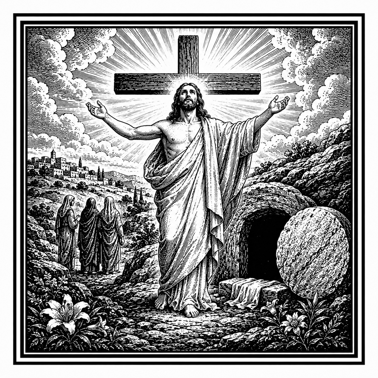 The Biblical Story in Six Acts — Basic Teachings The risen Jesus before the cross and empty tomb.