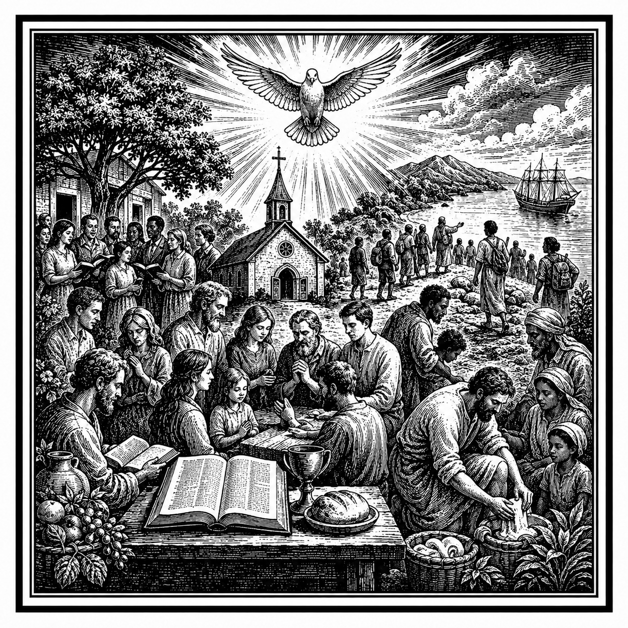 The Biblical Story in Six Acts — Basic Teachings The Holy Spirit gathering the Church in worship, the Sacraments, and service.