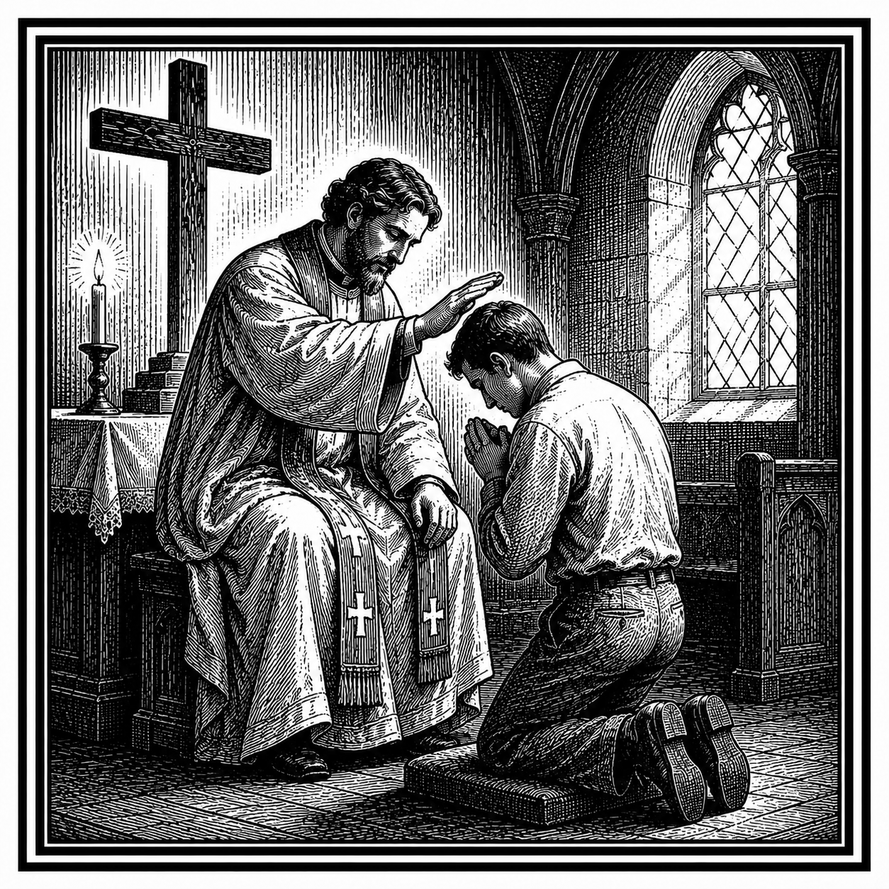 A pastor speaking forgiveness to a kneeling penitent.