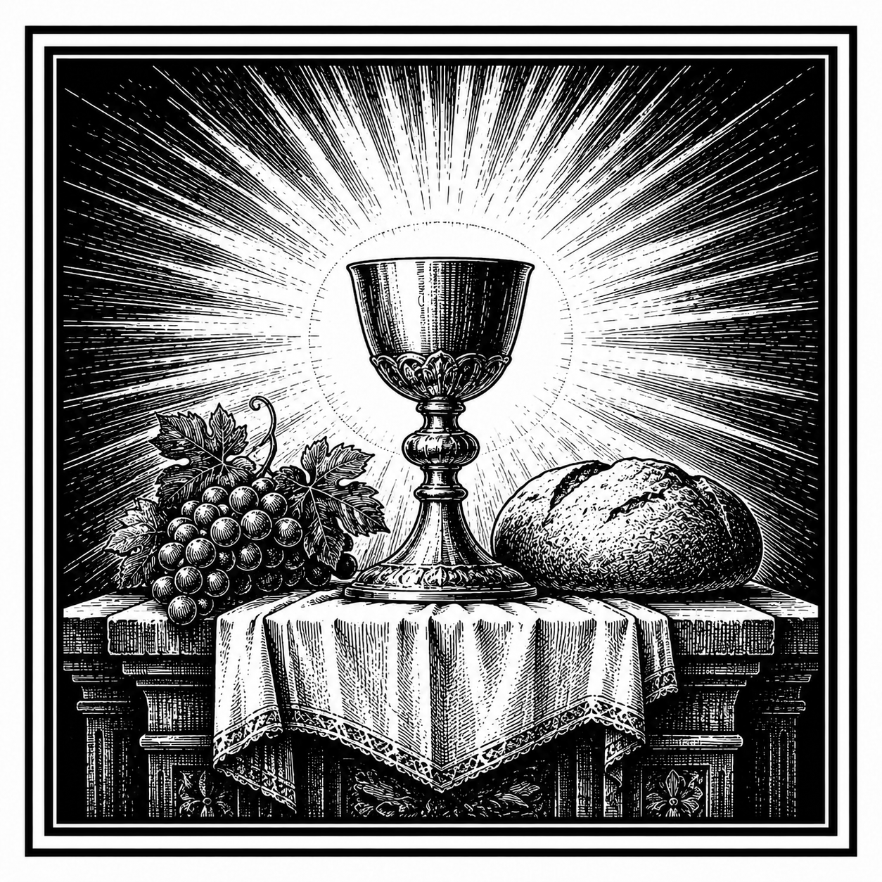 A chalice and bread on an altar.