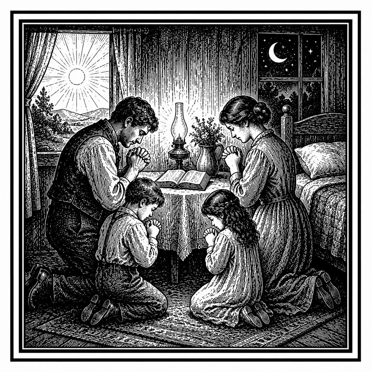 A family praying together in the morning and evening.