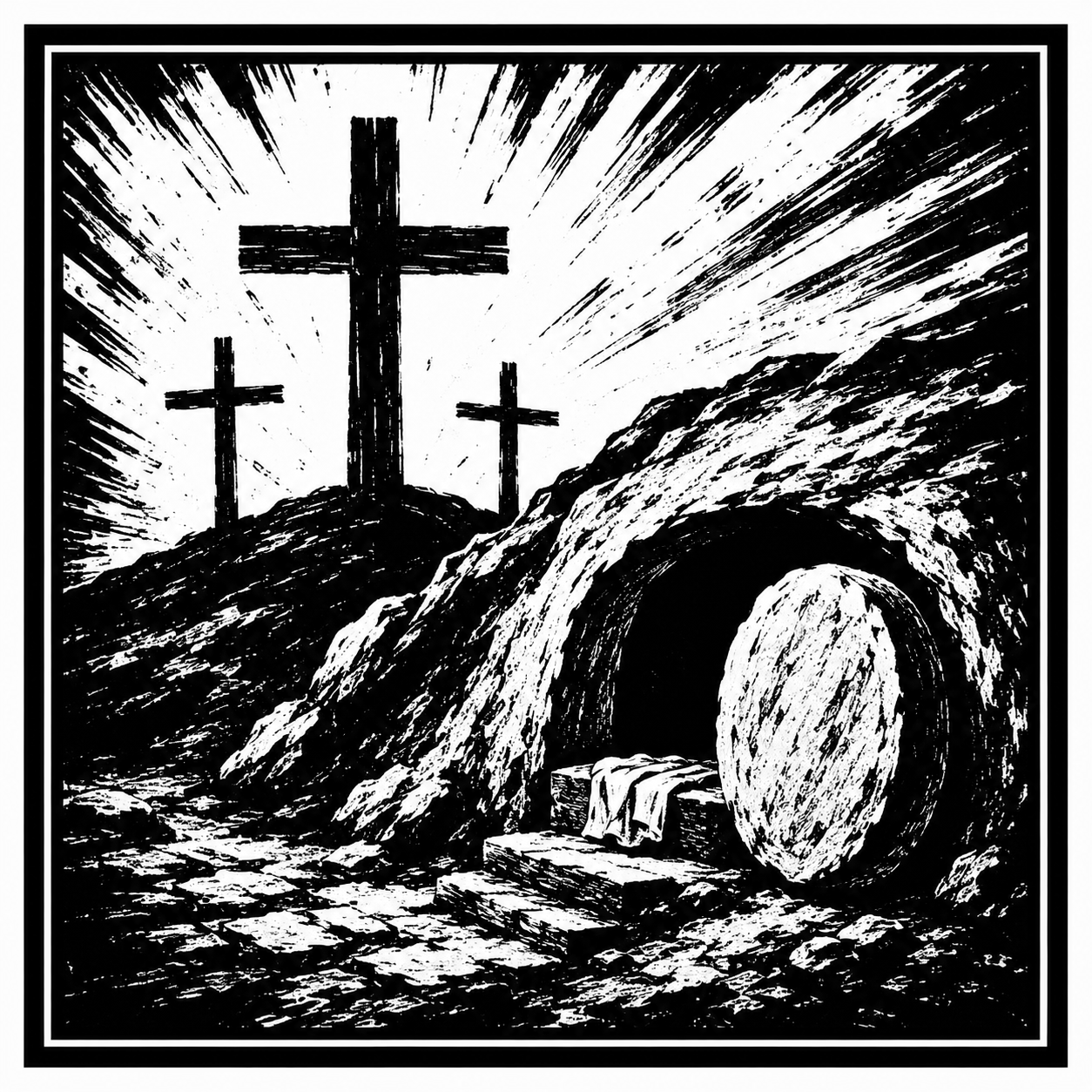 Three crosses and the empty tomb of Jesus, artwork from The Basic Teachings of the Bible