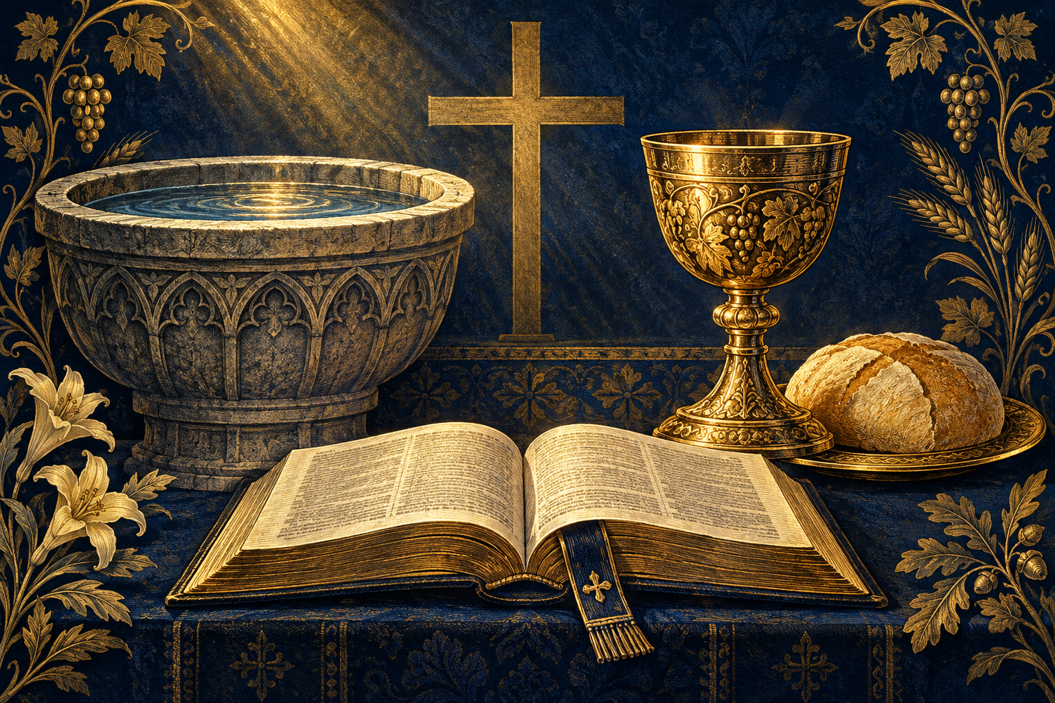 Navy and gold illustration of a baptismal font, Communion chalice and bread, and an open Bible beneath a cross.