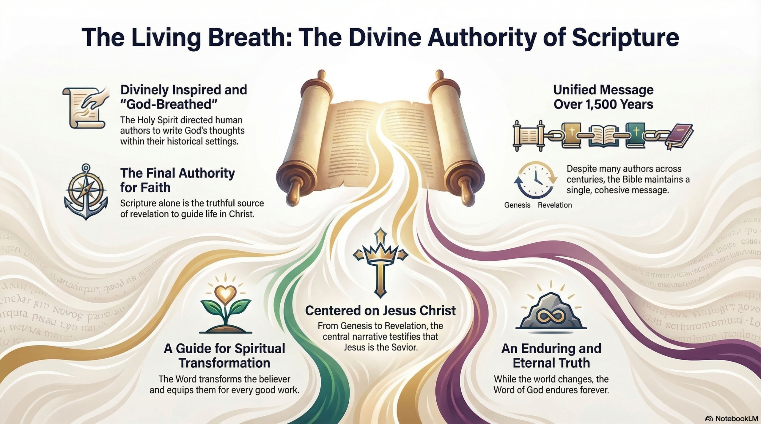 The Bible The Living Breath: The Divine Authority of Scripture. The Bible is God-breathed, the final authority for faith, unified across 1,500 years, centered on Jesus Christ, a guide for spiritual transformation, and enduring forever.
