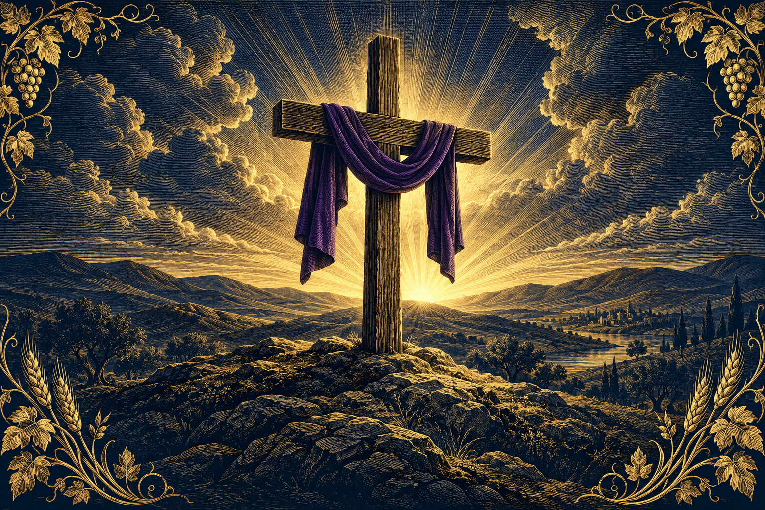 Navy and gold illustration of a cross draped in purple cloth against radiant dawn light.